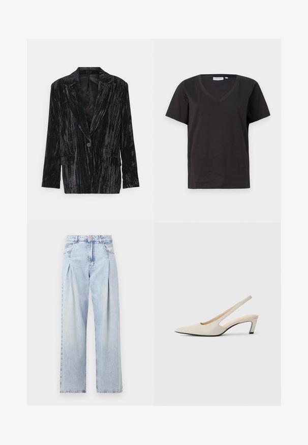 Sort fløjlsjakke med et struktureret stribet design, enkelt knaplukning, slagkraver og to forlommer.; Sort bomulds T-shirt med V-hals og korte ærmer. Enkel design med regular fit og ingen mønstre eller accenter.; Lyseblå denim jeans med høj talje, bred benåbning, to sidelommer og plisseret design. Blød tekstur med et falmet finish.; Beige lædersko med spids tå og slingback-design, der har udskæringer, 5 cm blokhæl og en glat tekstur. Sorte såler detaljer.