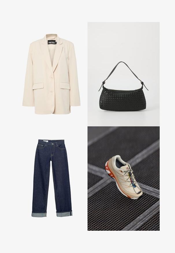 Pieces PCKAMIL LOOSE NOOS - Bleiseri - sandshell; Epämuodollinen musta toppi, joka on valmistettu sileästä kankaasta. Tässä on poimutettu muotoilu ja kultasävyinen varustesävy yhdellä puolella.; Tummansiniset farkut leveällä lahkeella, joissa on taitettu helma ja perinteinen viisi taskua -tyyli. Viimeistelty kultaisilla ompeluaksenteilla.; Vaaleanbeige juoksukengät, joissa on oransseja yksityiskohtia. Suunniteltu tekstuurilla varustetulla yläosalla, mustalla pohjalla ja integroiduilla nauhoilla. Varustettu GORE-TEX -merkinnällä.; Mustan kudotun olkalaukun, jossa on sileä nahkahihna ja vetoketjukiinnitys. Mahdollistaa teksturoituneen pinnan ja kaarevan muodon.