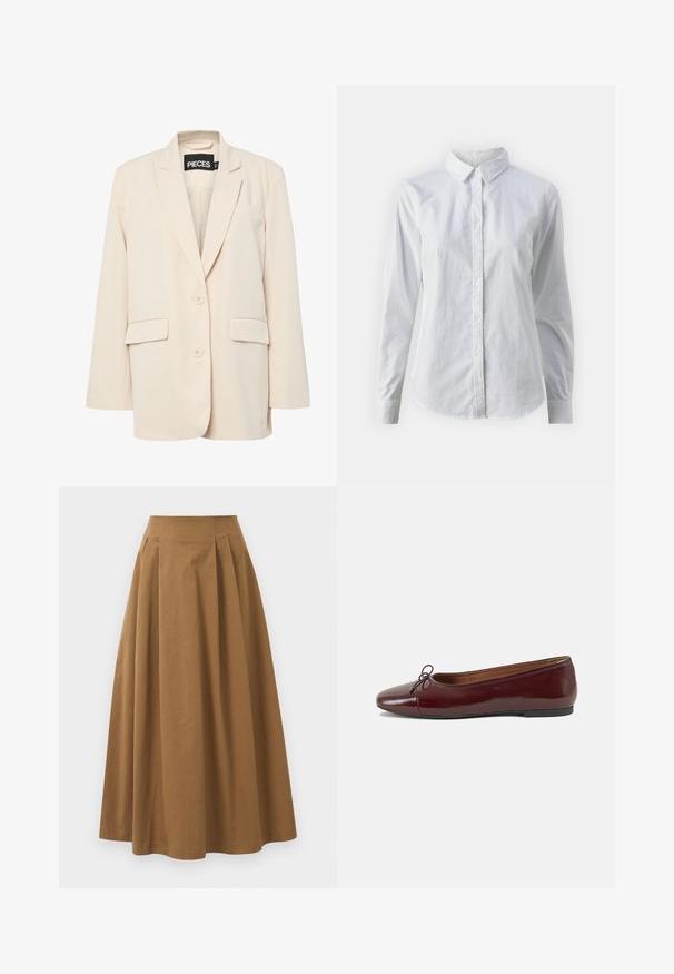 Pieces PCKAMIL LOOSE NOOS - Blazer - sandshell; Hvit skjorte med knapper laget av glatt bomull, med klassisk krage, lange ermer og buet skjær. Knapper er små og hvite.; Brun bomull A-linje skjørt med høy midje, med folder foran og en jevn tekstur. Kantene er rene og enkle.; Burgunderrød lakk lær ballettleilighet med rund tå, liten sløyfe foran og en lav, svart gummisåle. Glatt tekstur.