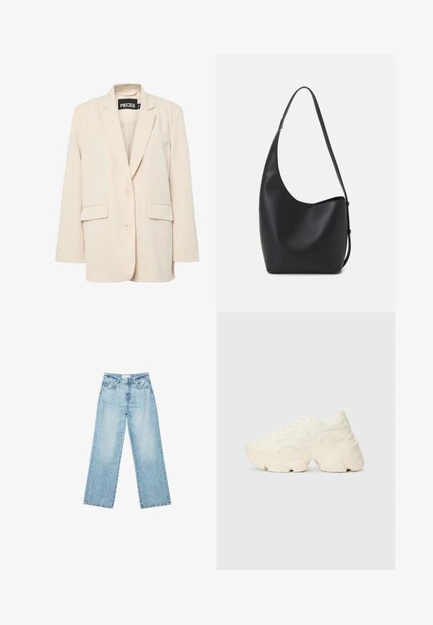 Pieces PCKAMIL LOOSE NOOS - Blejzer - sandshell; Čierne a biele tričká s dlhým rukávom, s okrúhlymi výstrihmi, jemnou tkaninou a priliehavým strihom so rovnými spodnými krajmi.; Svetlomodré džíny s širokými nohavicami a vysokým pásom, so zosvetlenou úpravou a malými, rozptýlenými poškodenými detailmi po celom obvode.; Masívne biele tenisky vyrobené z texturovanej sieťoviny a syntetických materiálov, s hrubou podošvou a zložitými vzorovými detailmi na bokoch.; Čierna kožená hobo taška so hladkou textúrou, zakriveným tvarom a jedným nastaviteľným popruhom; má široké otvorenie na vrchu.