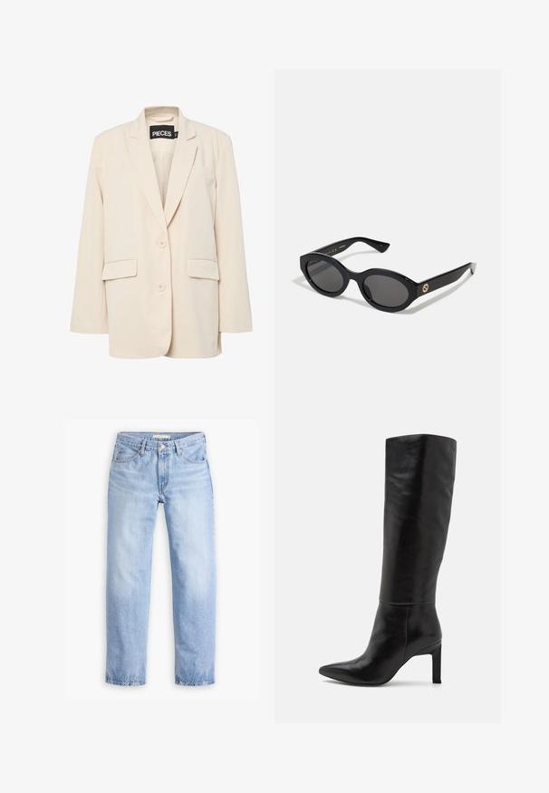 Pieces PCKAMIL LOOSE NOOS - Blazer - sandshell; Hvid langærmet skjorte lavet af blødt stof. Har en tætsiddende design med sammenfoldede detaljer ved taljen og en rund halsudskæring.; Lyseblå denimjeans med en lige ben-design, fem lommer og en mellemhøj talje. Har en falmet struktur og håndsyet kant.; Knæhøje sorte læder stiletto-støvler med spids tå og glat tekstur. Hælen er i blokstil, hvilket tilføjer stabilitet til designet.; Sorte ovale solbriller med mørke linser og blank plastramme. Har et guldlogo på stykket, hvilket giver et slankt og moderne design.