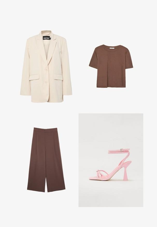 Pieces PCKAMIL LOOSE NOOS - Kratka jakna - sandshell; Smeđi kratki rukav majica od mekog materijala, s okruglim izrezom i opuštenim krojem. Nema vidljivih uzoraka ili naglasaka.; Smeđe hlače širokog kroja s glatkom teksturom, koje imaju visok struk i nabore sprijeda. Tkanina je lagana i slobodno se kreće.; Ružičaste sandale s visokom petom, s remenčićima i kopčanjem oko gležnja. Imaju ukrasni element na prstu i moderan, sužen dizajn pete.