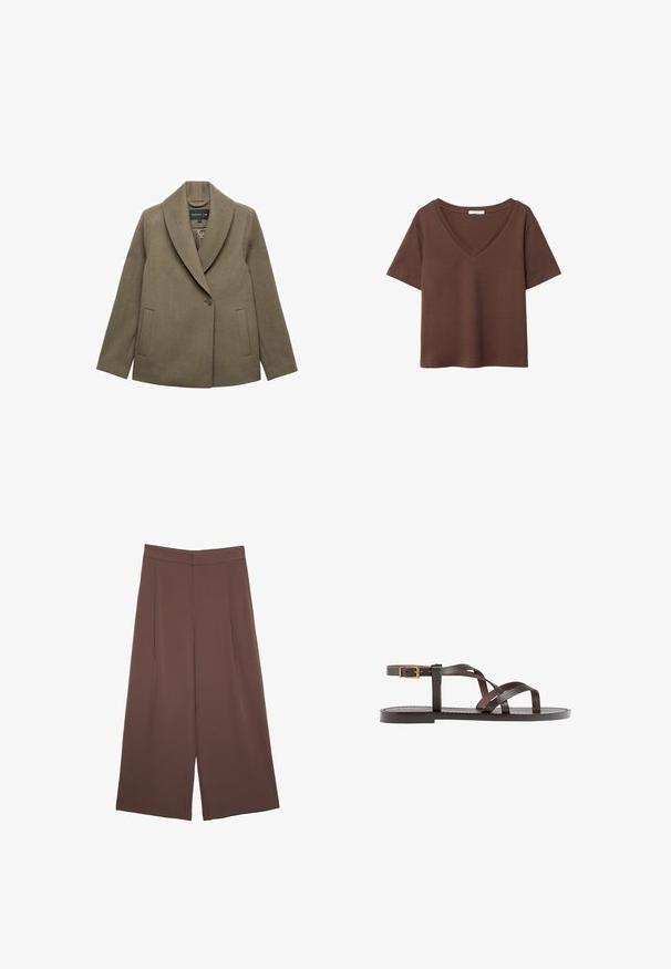 STOCKH LM ALICE SHORT COAT - Bleiseri - brown; Ruskea puuvillapaita, jossa on lyhyet hihat ja syvä V-kaula-aukko. Yksinkertainen muotoilu, pehmeä rakenne ja suora helma. Ei kuvioita tai yksityiskohtia.; Ruskeat leveälahkeiset housut, joissa on sileä pinta, korkea vyötärö ja etupleat. Kangas on kevyttä ja laskeutuu väljänä.; Ruske kožne sandale s križnim trakama, zatvaranjem na kopču oko gležnja i ravnim potplatom s minimalnim detaljima šivanja.