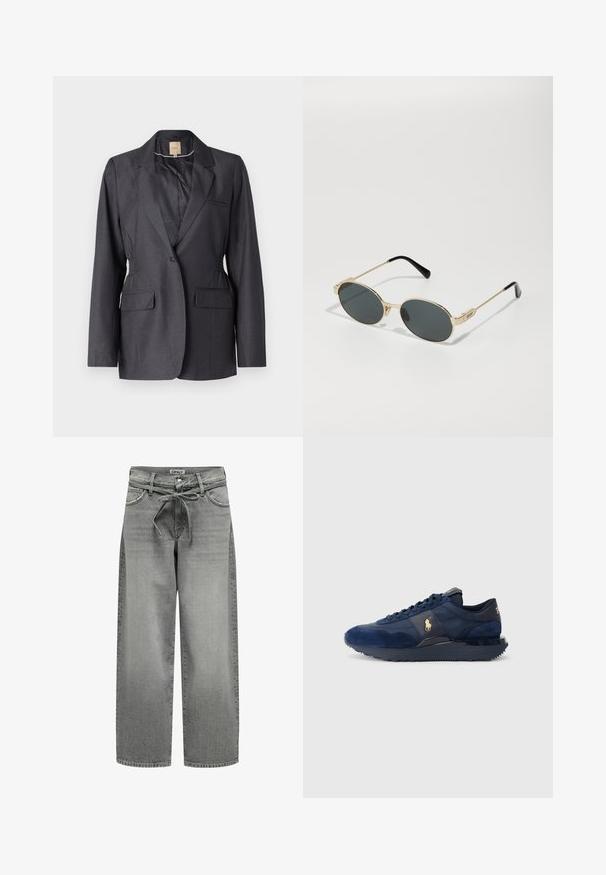 Czarny żakiet w odcieniu ciemnoszarym, wykonany z gładkiego materiału, z klapą smokingową, dwoma przednimi kieszeniami oraz marszczonymi bokami dla lepszego dopasowania.; Biała koszula zapinana na guziki, wykonana z gładkiej bawełny, z klasycznym kołnierzykiem, posiadająca prosty dół oraz beżowe guziki z przodu.; Szerokie spodnie dżinsowe w kolorze szarym z elastycznym pasem regulowanym sznurkiem oraz przednimi kieszeniami. Materiał ma lekko teksturowaną powierzchnię i wyblakłe wykończenie.; Granatowe buty sportowe z materiałów zamszowych i siateczkowych, z gumową podeszwą, sznurowanym zapięciem i złotym akcentem logo.; Złote metalowe okulary przeciwsłoneczne z owalnymi soczewkami i ciemnym przyciemnieniem. Czarny akrylowy akcent na końcach obręczy. Nazwa marki "QUAY" z boku.; Czarna torba hobo wykonana z gładkiego, skóropodobnego materiału z twisted uchwytem, o miękkim, zaokrąglonym kształcie i górnym zapięciem na zamek.