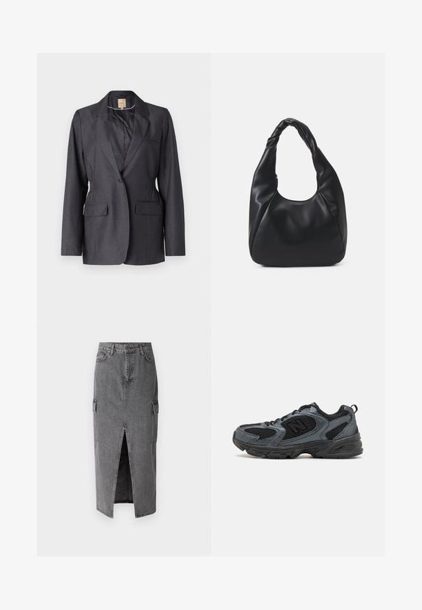 Mørk grå blazer laget av glatt stoff, med noterte slag, to frontlommer og innsamlede sider for en skreddersydd passform.; Svart høyhalset langermet topp, laget av ribbestrikket stoff, har en tettsittende design med høy hals og uten mønstre eller dekorasjoner.; Grå denim midi-skjørt med rett silhuett, to sidelommer og en frontsplitt for bevegelsesfrihet. Klassisk denimtekstur.; Svarte og grå atletikksko med et teksturert mesh-overdel, gummisåle og støttende design. Har logo og snøresystem.; Svart hobo-bag laget av glatt, læraktig materiale med et tvistet håndtak, som har en myk, avrundet form og en glidelås lukking på toppen.