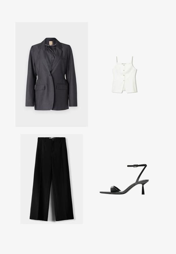 Blazer gri închis dintr-un material neted, cu rever ciupit, două buzunare frontale și părți adunate pentru o potrivire ajustată.; Top alb fără mâneci, cu închidere frontală cu nasturi, buzunare laterale și un design ajustat cu un tiv ușor evazat. Textură netedă, detalii minime.; Pantaloni negri cu picior larg, fabricați dintr-un material ușor, cu închidere frontală cu nasture și față plată, având tivuri cusute cu atenție.; Bershka Sandale cu toc - black
