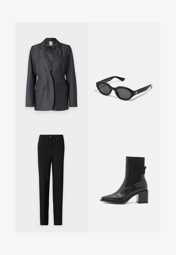Tumši pelēks žakets, kas izgatavots no gludas auduma, ar izgrieztu lapiņu, divām priekšējām kabatām un savilktām pusēm, nodrošinot piegriezto fitu.; Ilgās piedurknēs leopardu raksta blūze ar augstu izgriezumu, izgatavota no elastīga auduma. Tam ir bēša pamatne ar brūniem plankumiem. Gluda faktūra, pieguļošs dizains.; Melni piegrieztie bikses ar taisnu kāju dizainu, ar pogu slēgšanu un jostu cilpām, izgatavotas no gludas auduma.; Melnas potītes botas ar norādītu purngalu, izgatavotas no gludas ādas un elastīgas auduma. Ievērojamas ar bloku papēdi un minimālistisku dizainu.; Melnas ovālās saulesbrilles ar tumšiem stikliem un spīdīgu plastmasas rāmi. Iezīmētas ar zelta logo uz tempļa, nodrošinot elegantu un modernu dizainu.