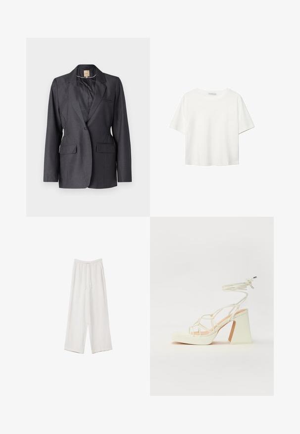 Tmavě šedý blazer vyrobený z hladké tkaniny, s klopami do špičky, dvěma předními kapsami a nařasenými boky pro přiléhavý střih.; Bílý krátký rukáv tričko vyrobené z bavlny. Má kulatý výstřih a volný střih. Hladký materiál bez viditelných vzorů nebo akcentů.; Bílé široké kalhoty vyrobené z lehké tkaniny. Mají elastický pas se šňůrkou a boční kapsy. Hladká textura.; Bílé sandály na vysokém podpatku s robustním podpatkem, s designem s pásky a zavazováním kolem kotníku. Hladký povrch s platformou vpředu pro zvýšení výšky.