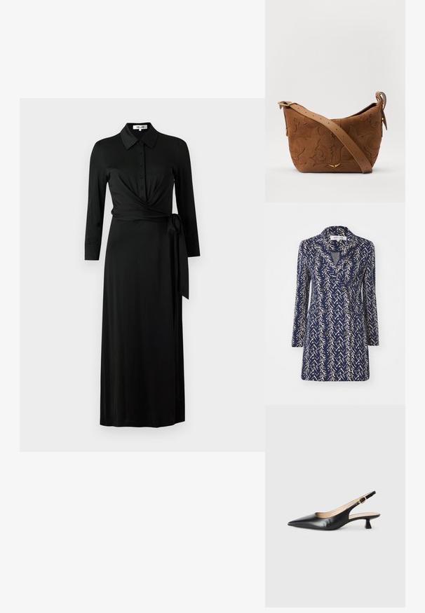 Tumesinine kahekordne mantel, millel on beež abstraktne muster, lõikega krae, pikad varrukad ja kaks esistikut. Pehme kangast struktuur.; Must elsekleid musta värviga, mis on valmistatud siledast kangast, millel on krae, nööbiga ees, pikad varrukad, vöö ja täispikk seelik.; Must musta slingback kitten heel king must ja kuldne pandla külgrihmaga, valge tausta peal.; Pruun sametist õlavarre kott, millel on reljeefne lillemuster, mida täiendab sile pruun nahast rihm ja kuldse tooni lisandid.