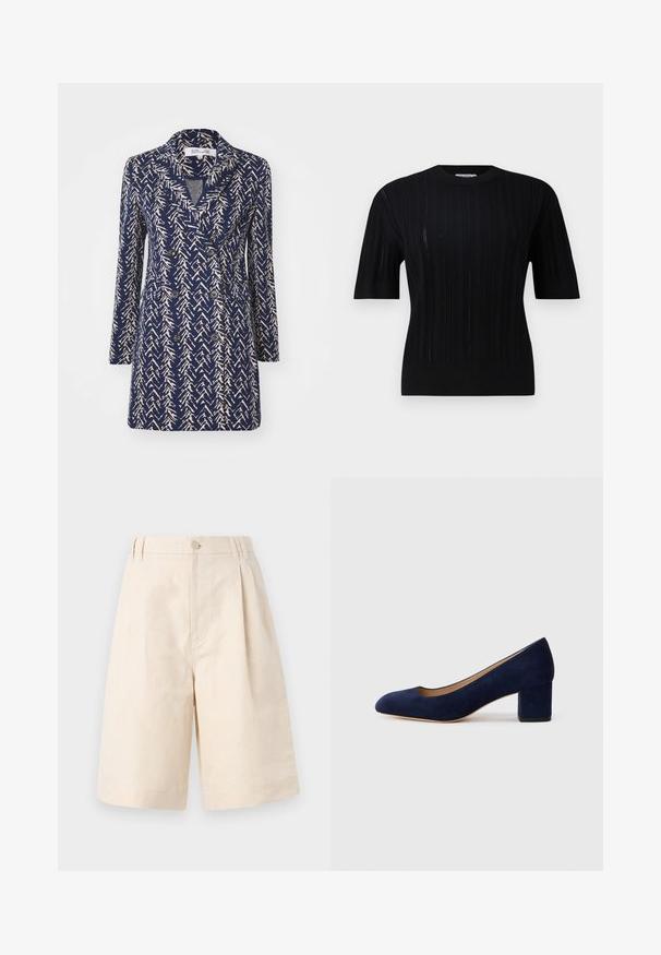 Jūras zilas divrindu mētelis ar beigu abstraktu rakstu, ar kabatas klapām, garām piedurknēm un divām priekšējām kabatām. Mīksta auduma tekstūra.; Filippa K BRAID - Džemperis - black; Beige linu džinsi ar brīvu piegriezumu, ar pogu aizdari, krokām un līdz ceļiem garumu. Gluda tekstūra un vienkāršs stils.; Tumši zili zamšādas kurpes ar norādītu degunu un vidēja augstuma blokveida papēdi. Gluda tekstūra ar smalku spīdumu un nelielu izgriezumu priekšā.