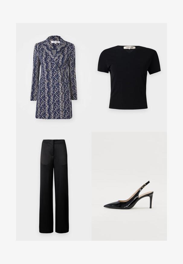 Tumesinine kahekordne mantel, millel on beež abstraktne muster, lõikega krae, pikad varrukad ja kaks esistikut. Pehme kangast struktuur.; Must t-särk lühikeste varrukatega ja V-kaelusega, valmistatud siledast ja venivast kangast. Omab lihtsat ja klassikalist siluetti, millel puuduvad kaunistused.; Laiad mustad püksid tekstureeritud pinnaga, millel on lame vöökoht ja kaks kül pocketit. Kangas näib kergena ja voolavana.; Must hõbedavärvi patendiga slingback kontsakingad terava varbaga, kitsas konts ja peene lõikega disain. Statistika on kuldne pandla rihmal.