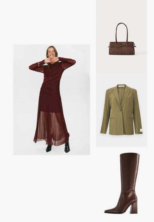 Olivově zelený blazer z hladké látky, má zářezový límec, zapínání na jeden knoflík a dvě přední kapsy s kontrastním prošíváním.; Dlouhá vínová šaty vyrobená z průhledné a hladké tkaniny, s obtočeným živůtkem, nařasenými detaily a průhlednými dlouhými rukávy.; Hnědá kožená bota až po kolena s špičatou špičkou a masivním průhledným podpatkem. Hladký povrch s minimálním zdobením.; Hnědá semišová kabelka se dvěma pevnými uchy, obdélníkovým tvarem a dekorativním páskem přes přední stranu.