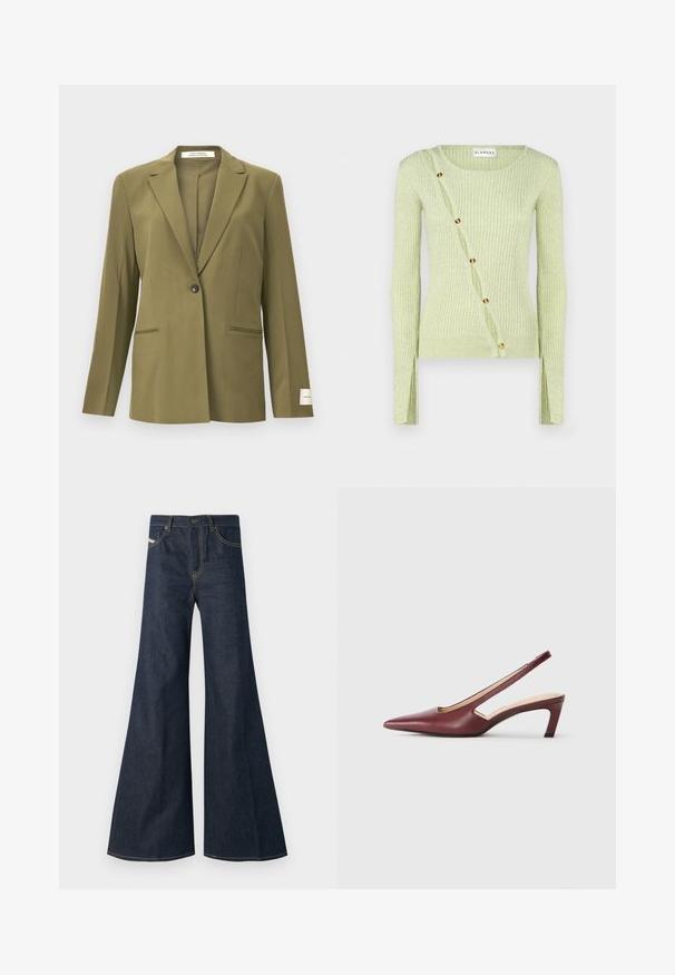 Olivgrön blazer i mjukt tyg, har en spetsig krage, enkel knappstängning och två framfickor med dekorsöm.; Ljusgrön ribbad tröja med rund halsringning, långa ärmar och diagonal knäppning med guldtonade knappar. Mjukt tyg.; Mörkblå utsvängda jeans i denim med hög midja, gyllene sömnadsdetaljer och två framfickor med knäppning.; Bordeaux färgade slingbackklackar med spetsig tå, utskärningar på sidan och en klack av medelhöjd. Slät läderfinish.