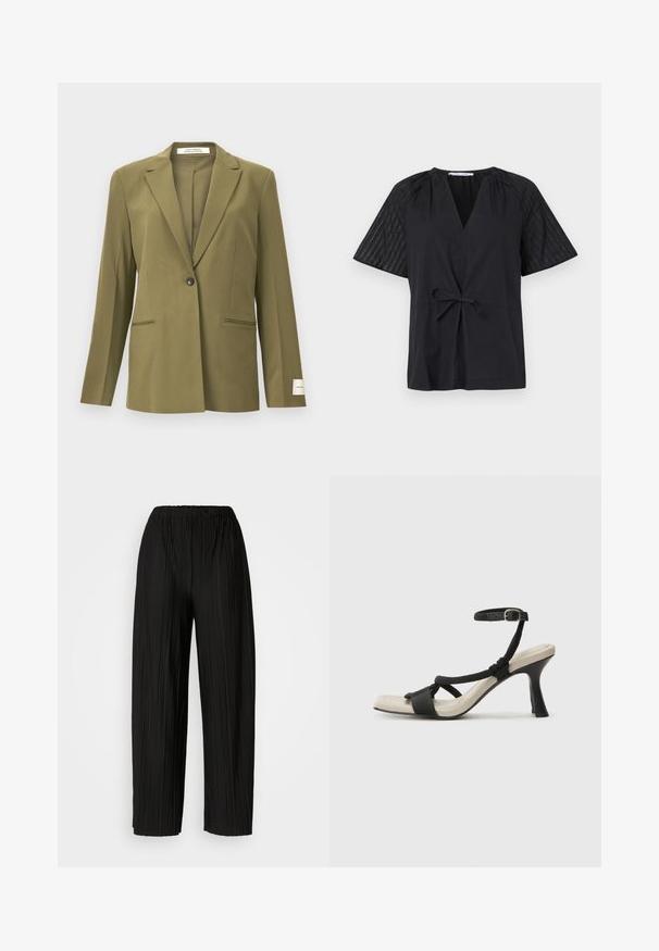 Olivovo zelený blejzer vyrobený z hladkej látky, s klopeným golierom, jednoradovým zapínaním na gombík a dvoma prednými vreckami s akcentovaným švom.; Čierny top s výstrihom do V, krátkymi rukávmi a opaskom na zaväzovanie. Má textúrovanú, vzorovanú látku na rukávoch a hladké telo.; Čierne plisované nohavice s širokými nohavicami a elastickým pásom. Tkanina má vertikálne plisovanie a hladkú textúru.; Čierne sandále na podpätku s pleteným pásikom, štvorcovou špičkou a nastaviteľným remienkom okolo členka. Svetlobéžová stielka s lesklým čiernym podpätkom.