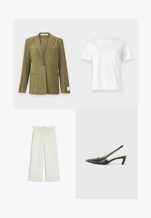 Olivenfarvet blazer lavet af glat stof, med en klippet revers, en enkelt knaplukning og to forlommer med pyntesyninger.; Hvid bomulds t-shirt med korte ærmer, rund halsudskæring og en afslappet pasform. Glat tekstur, ingen mønstre eller accenter, minimalistisk design.; Bredde bukser i lys cremefarvet stof, med sidelommer, flad front og en enkelt knaplukning i taljen. Glat tekstur.; Sorte spidse slingback-sko med en lav hæl, lavet af glat læder og med udskæringer på siden for åndbarhed.