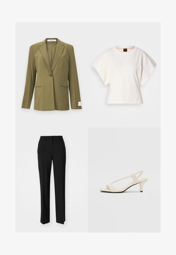 Olive green blazer made of smooth fabric, features a notched lapel, single button closure, and two front pockets with accent stitching.; White cropped T-shirt, short wide sleeves, soft cotton material, round neckline with subtle orange trim, minimal design, no patterns or graphics.; Black tailored trousers with a straight-leg design, featuring a smooth texture and crisp creases along the front. No visible hardware.; Beige block-heeled sandals with thin straps and a square toe. Smooth material with minimal detailing, designed for easy wear.