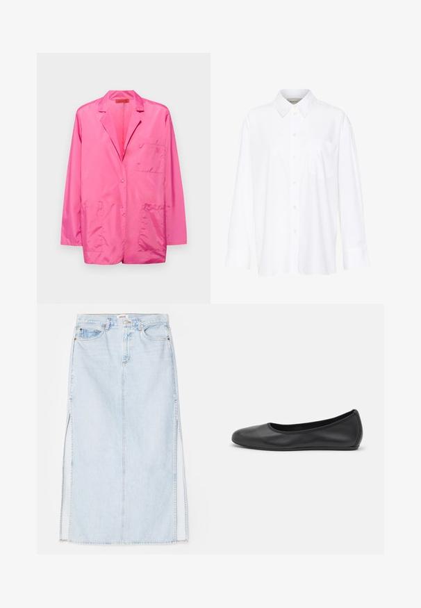 Rosa Nylon-Blazer mit einem einzigen Knopfverschluss, Reverskragen, zwei aufgesetzten Taschen vorne und besticktem Logo auf der Brusttasche.; Weißes Langarmhemd mit Kragen aus Baumwolle. Verfügt über eine durchgehende Knopfleiste und eine Brusttasche. Glatte Textur, lockere Passform.; Hellblaue Jeans-Maxi-Rock mit geradem Schnitt, ausgestattet mit seitlichen Schlitzen und einem Fünf-Taschen-Design. Auffällige Nähte und Metallschnappverschluss.; Schwarze Leder-Ballettschuhe mit abgerundeter Spitze, glatter Textur, minimalen Nähdetails und einem flexiblen Sohlen-Design.