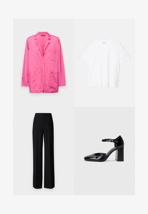 Blazer in nylon rosa con chiusura a un bottone, rever a notched, due tasche anteriori a toppa e logo ricamato sulla tasca del petto.; T-shirt bianco in cotone con maniche corte, scollo rotondo, vestibilità comoda e orlo cucito. Etichetta visibile all'interno del colletto.; Pantaloni neri a gamba larga con una texture liscia, dotati di una vita alta e pieghe centrali. Nessun motivo visibile o dettagli in metallo.; Scarpe col tacco alto in pelle verniciata nera con punta quadrata, cinturino alla caviglia e tacco chunky. Include dettagli perforati lungo il bordo.