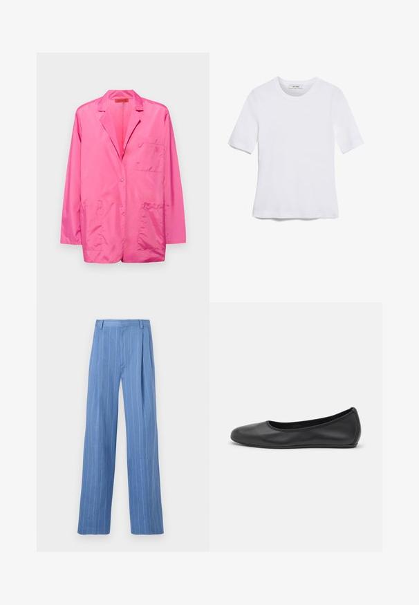 Pink nylon blazer with a single button closure, notch lapels, two front patch pockets, and embroidered logo on the chest pocket.; White short-sleeve t-shirt made of ribbed fabric. Round neckline, regular fit, and subtle stitching details. No patterns or graphics.; Light blue wide-leg trousers with vertical white stripes. Made of smooth material, featuring a front pleat and a clean waistband design.; Black leather ballet flat with a rounded toe, smooth texture, minimal stitching detail, and a flexible sole design.