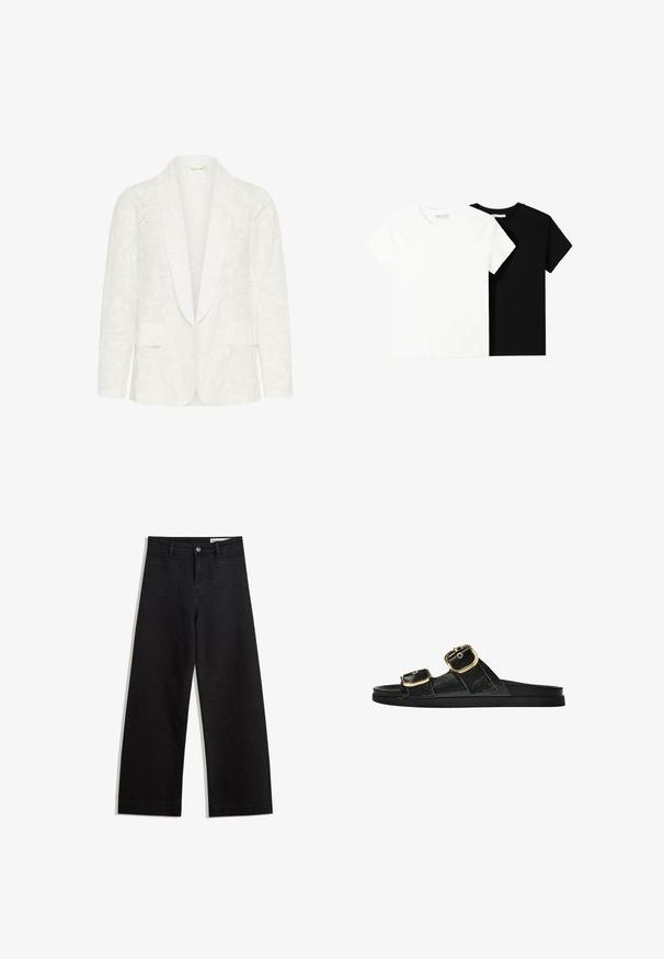 Fehér blézer texturált virágmintával, sálgallérral, két elülső zsebbel és bonyolult kivágott részletekkel.; Két rövid ujjú póló, az egyik fehér, a másik fekete, pamutból készült. Mindkettő kerek nyakkivágással és egyszerű, klasszikus dizájnnal rendelkezik.; Fekete, bő szabású farmernadrág magas derékkal, elülső és hátsó zsebekkel, varrott felületekkel és gombos záródással. Sima textúra.; Fekete csúszó szandál, két arany csattal, sima textúrájú anyagból, lapos talppal és minimalista dizájnnal.