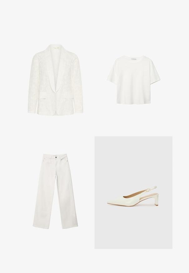 Bela blazer z teksturiranim cvetličnim vzorcem, ki ima šalski ovratnik, dve sprednji žep in zapletene izrezane podrobnosti.; Bela kratka majica s kratkimi rokavi iz bombaža. Ima okroglo izrezovanje in sproščen kroj. Gladka tekstura brez vidnih vzorcev ali poudarkov.; Beli široki trapezni kavbojke iz denima, ki imajo visok pas, dizajn s petimi žepi in kovinsko zapiranje. Gladka tekstura, brez vzorcev.; Bele begaste usnjene slingback čevlje z ostrim nosom in nizkim blokastim peto. Imajo diskreten trak z zlatim podrobnostim s sponko.
