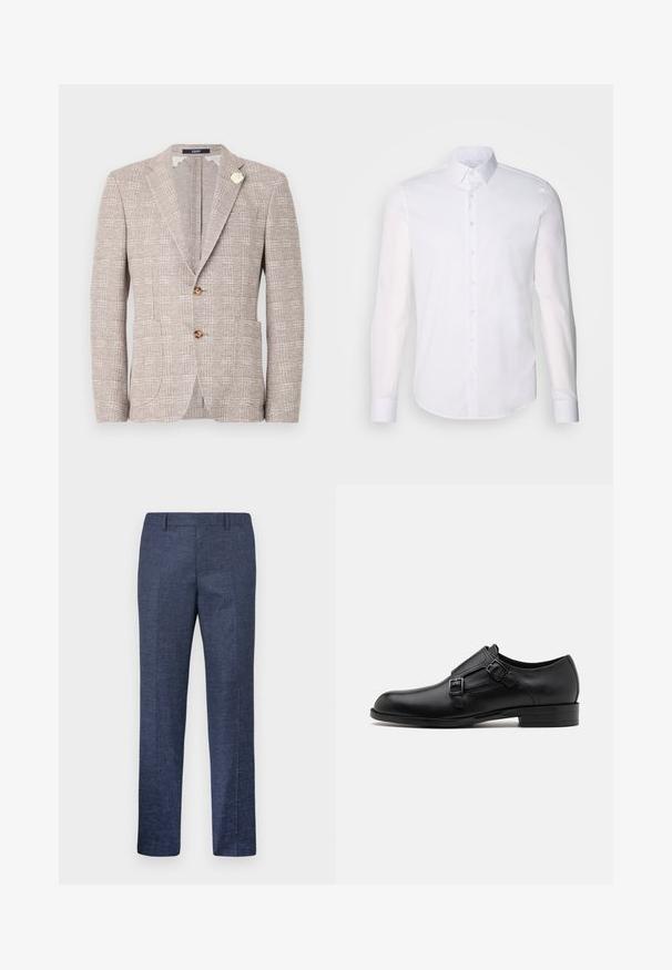 Struktureret lysebeige blazer med to knapper, springkrave, for-lommer og en dekorativ hvid brosche på venstre krave.; Hvid langærmet button-up skjorte lavet af bomuld, med en klassisk krave, frontknapper og minimal syning detalje.; Marineblå bukser lavet af et struktureret stof, med lige ben, flad front og to sidelommer. Ingen synlige mønstre eller accenter.; Sort læderherresko med dobbelte spænder, slank silhuet og rund tå. Har en lav hæl og glat tekstur.