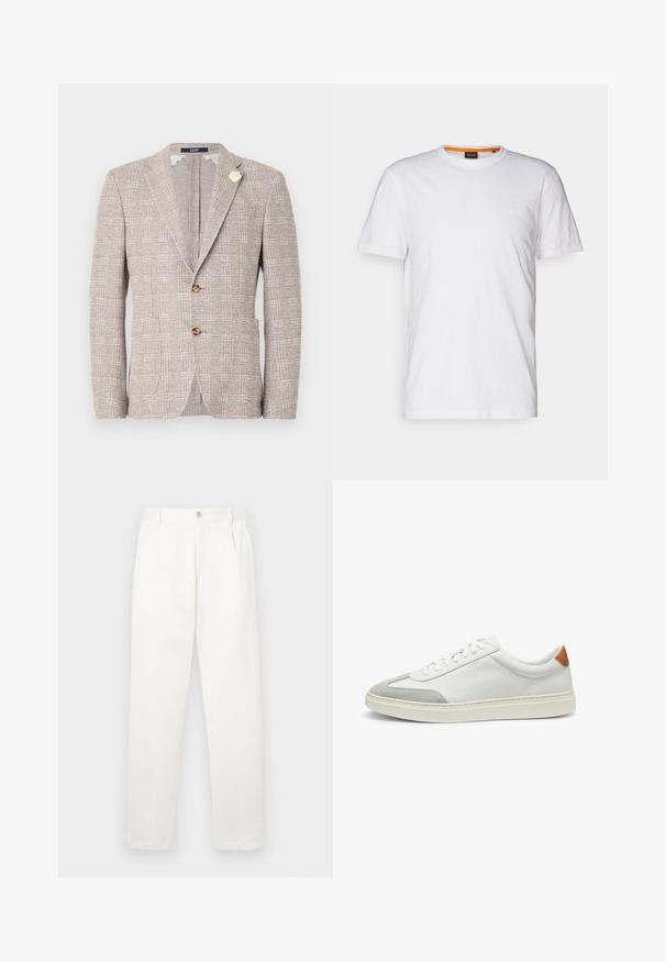 Struktureret lysebeige blazer med to knapper, springkrave, for-lommer og en dekorativ hvid brosche på venstre krave.; Hvid bomulds T-shirt med rund hals, korte ærmer og et subtilt præget logo på brystet. Indvendigt mærke har en orange detalje.; Hvide bukser lavet af glat stof, med en lige ben design, forpleater og en enkelt knap lukning i taljen.; Hvide lædersneakers med grå ruskindsdetaljer og en tan læderhæltap. Har en struktureret overflade og en let sål.