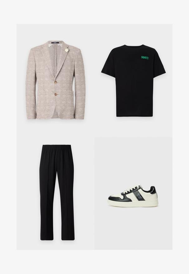 Blazer beige chiaro testurizzato con due bottoni, revers a punte, tasche frontali e una spilla decorativa bianca sul revers sinistro.; T-shirt nera in cotone con maniche corte. Presenta un logo verde "ROOTS" sulla parte frontale, colletto rotondo e vestibilità standard.; Pantaloni neri con vita elasticizzata e design a gamba dritta, caratterizzati da una texture liscia e senza motivi o hardware visibili.; Sneakers in pelle con una combinazione di colori nero e crema, dotati di dettagli perforati, collare imbottito e suola testurizzata.