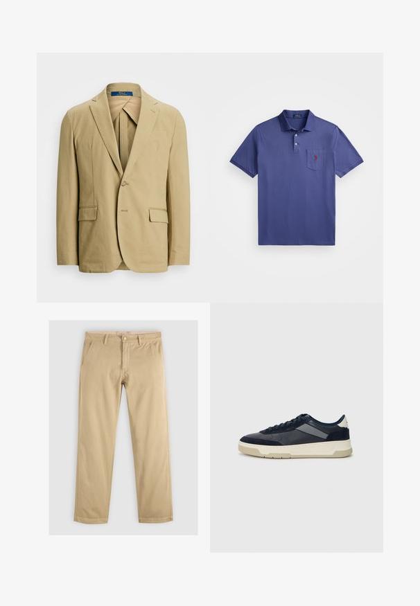 Blazer de algodão bege com lapela com recorte, fecho de um botão e dois bolsos frontais. Textura suave com detalhes de costura mínimos.; Camisa polo roxa feita de algodão, com uma pala de três botões, mangas curtas e um bolso no peito com um bordado de logo vermelho.; Chinos caqui com perna reta, apresentando dois bolsos frontais e uma cintura com argolas para cinto. Feitos de um tecido de algodão macio e durável.; BOSS BALTIMORE - Sapatilhas - open blue