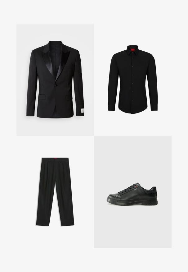 Zwarte tuxedo-jacket met satijnen pieklapels, sluiting met één knoop en twee voorkruiszakken; heeft een gladde textuur en een op maat gemaakte pasvorm.; Zwarte blouse met lange mouwen, knoopsluiting aan de voorkant, klassieke kraag en ronde onderkant; voorzien van zwarte knopen en een rood logo binnenin de kraag.; Zwarte broek met een geplooid ontwerp, wijde pijpen en een zachte textuur. Voorzien van een rode taillebandlabel.; Zwarte leren sneaker met een gestructureerde bovenkant, gevoerde kraag en rode logo-details. Heeft een dikke rubberen zool met een opvallend loopvlakpatroon.
