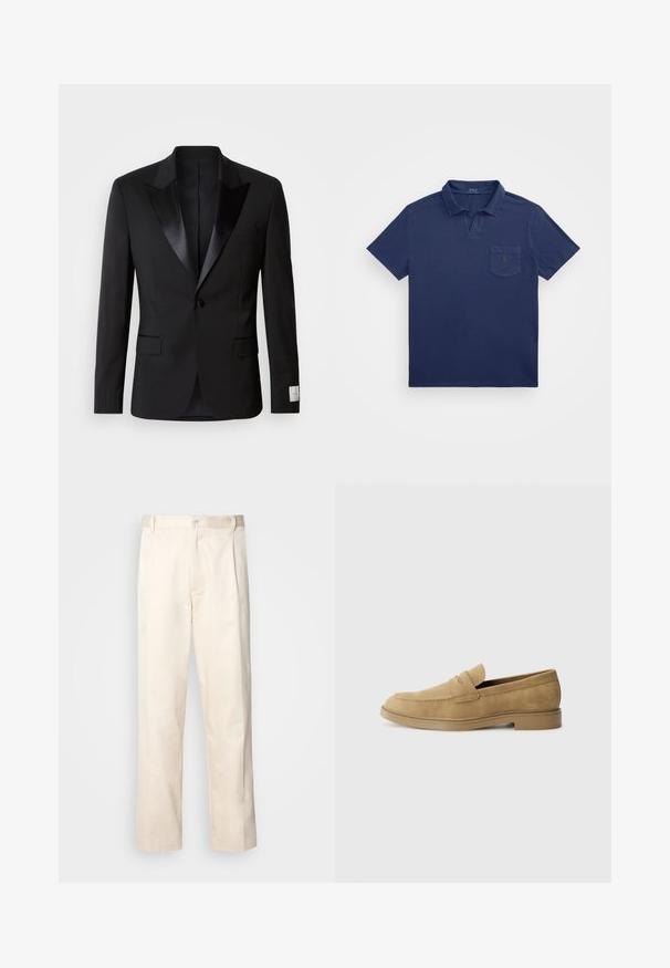 Czarna marynarka smokingowa z satynowymi szalowymi klapami, z jednolitym zapięciem na guzik oraz dwoma przednimi kieszeniami; charakteryzuje się gładką fakturą i dopasowanym krojem.; Granatowa koszulka polo z krótkim kołnierzykiem, kieszenią na piersi i haftowanym logo. Wykonana z miękkiego, teksturowanego materiału.; Beżowe bawełniane spodnie o prostym kroju nogawki, z zapięciem na guziki i plisami z przodu dla dodatkowego zdobienia.; Kremowe zamszowe mokasyny z okrągłym noskiem, niskim blokowym obcasem i przeszyciami na wierzchu. Gładka tekstura i minimalistyczny design.