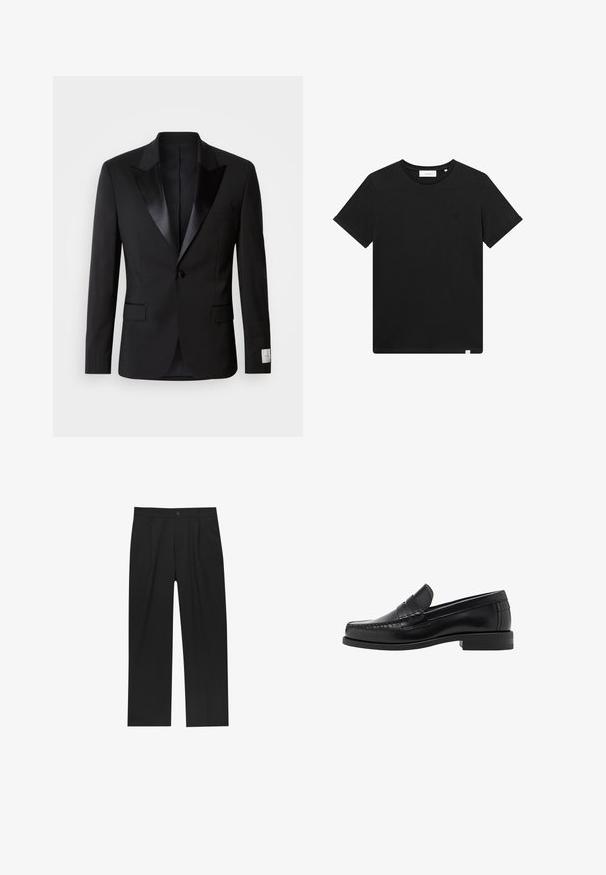 Sort tuxedojakke med satin spidse revers, enkelt knaplukning og to forlommer; har en glat tekstur og skræddersyet pasform.; Sort kortærmet T-shirt lavet af bomuld, med rund hals og et lille logo broderet på brystet. Glat tekstur, standard pasform.; Sorte bukser med lige ben, lavet af et glat stof. Har frontfolder og en enkelt knaplukning i taljen.; Sorte læder loafers med en glat finish, syede detaljer på tåen og et lavt hældesign for komfort og stil.