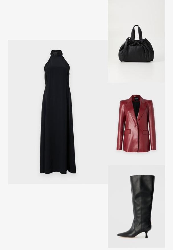 Patrizia Pepe JACKET - Blazer - clash red; Black halter neck maxi dress with a sleek, flowing silhouette. Made from smooth fabric, featuring a high collar and side slits.; Black leather knee-high boot with a pointed toe, sleek design, and a tapered 3-inch heel. Features a gold accent on the back.; Black leather handbag with a gathered top design, featuring two short handles and a long adjustable strap. Smooth texture, rounded shape.