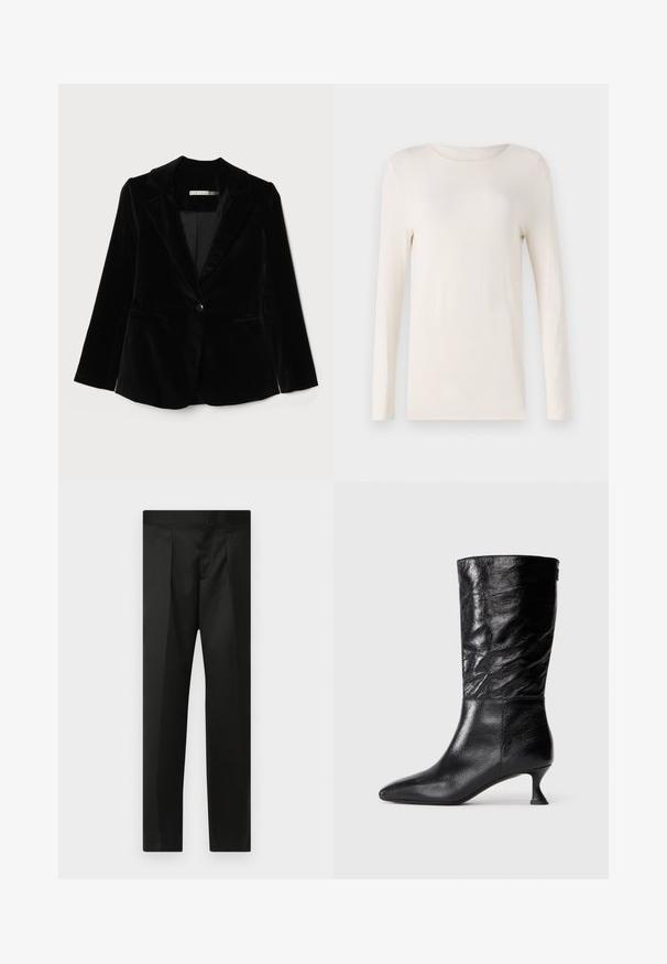 Musta samettitakki, jossa on viistot läpät, yksittäinen nappisulku ja kaksi etutaskua. Sileä tekstuuri ja muotoiltu leikkaus.; Pitkähihainen paita luonnonvalkoisena, pehmeästä materiaalista, pyöreällä kaula-aukolla ja yksinkertaisella, istuvalla muotoilulla. Silkkinen pinta, ei kuvioita.; Mustat housut, joissa on sileä kangas, räätälöity muotoilu, suorat lahkeet sekä litteä vyötärö ilman näkyviä kiinnityksiä tai taskuja.; Mustat nahka-saappaat, jotka ulottuvat nilkkoihin, kärjessä terävä muoto, rypytetty pinta ja matala kaareva kitti-korko, valkoista taustaa vasten.