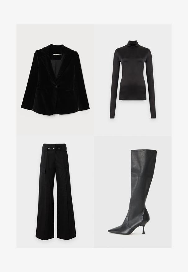 Black velvet blazer with notched lapels, single button closure, and two front pockets. Smooth texture and tailored shape.; Long-sleeve black turtleneck made of smooth, stretchy fabric. Fitted design with a high neck and no visible patterns or embellishments.; Black wide-leg pants with a high waistband, featuring large side pockets, two front buttons, and a loop detail. Made from sturdy fabric.; Knee-high black leather boots with a pointed toe and a slim stiletto heel. Smooth texture with a fitted design and stitching at the top edge.