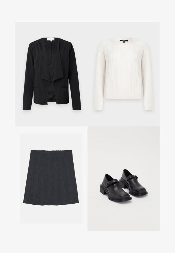 Černý blejzr z hladkého materiálu s volným předním dílem, dlouhými rukávy a dvěma bočními kapsami. Minimalistický design bez knoflíků nebo ozdob.; Bílý svetr s pleteninou, dlouhými rukávy, kulatým výstřihem a dekorativním perlovým akcentem na límci. Měkká textura a přiléhavý design.; Tmavě šedá plisovaná sukně s elastickým pasem, vyrobená z texturované látky a s klasickým A-čkovým střihem. Vhodná pro každodenní nošení.; Černé kožené boty s kulatou špičkou, plochou podrážkou a páskem s detaily s přezkou. Masivní blokový podpatek pro zvýšenou stabilitu.