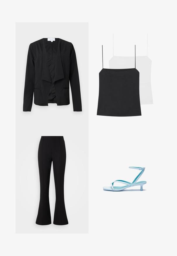 Fekete blézer sima anyagból, drapírozott elülettel, hosszú ujjakkal és két oldalsó zsebbel. Minimalista dizájn gombok és díszítések nélkül.; Két camisole top látható: egy fekete és egy fehér. Mindkettő vékony pántokkal és testhez simuló kialakítással rendelkezik, sima, rugalmas anyagból készültek.; Fekete harangszárú nadrág rugalmas anyagból, sima felülettel, magas derékkal, és varrásdíszítéssel az elején.; Világoskék, pántos szandál négyzet alakú orral, alacsony sarokkal, állítható bokapánttal és sima, fényes felülettel. Keresztezett pántok a talprétegen.
