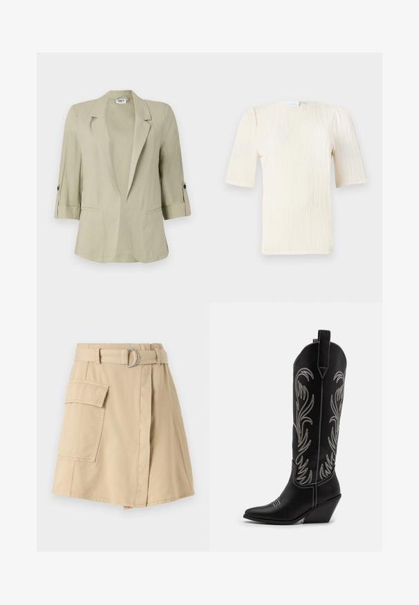 Hellgrüner Blazer mit strukturiertem Design, Reverskragen, hochgerollten Ärmeln und doppelten Knopfakzenten. Verfügt über zwei Fronttaschen.; Kurzärmlige, cremefarbene Bluse mit strukturiertem Wellenmuster. Rundhalsausschnitt und subtile Raffungen an den Ärmeln. Leichter Stoff.; Beiger Baumwollrock mit einer Seitentasche, tailliertem Bund mit einem silbernen Ring und einer leicht A-Linienform. Glatte Textur und schlichtes Design.; Schwarze Leder-Cowboy-Stiefel mit spitzen Zehen, Keilabsätzen und silbernen, gestickten Blumenmustern entlang des Schafts. Kontrastnähte über das gesamte Design.