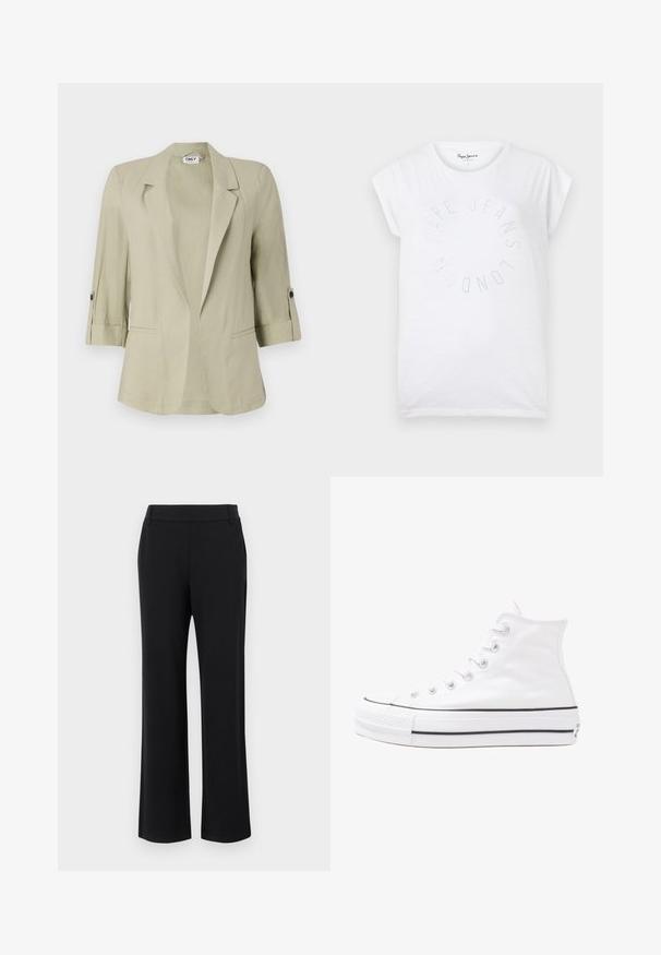 Jasnozielona marynarka o strukturalnym wzorze, z klapami w stylu notch, podwiniętymi rękawami i podwójnymi guzikami. Posiada dwie kieszenie z przodu.; Biała bawełniana koszulka z okrągłym dekoltem i krótkimi rękawami. Posiada okrągły wzór tekstowy z małych kropek z napisem "Pepe Jeans London."; Czarne, rozszerzane spodnie z gładkiego materiału, o średnim stanie, z kieszeniami bocznymi. Prosty krój bez wzorów i ozdób.; Białe wysokie trampki z płótna z czarną gumową podeszwą, przednim czubkiem z gumy i sześcioma dziurkami na sznurowadła, charakteryzujące się prostym, minimalistycznym designem.
