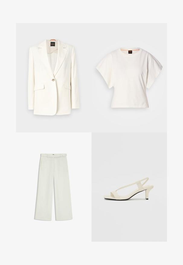 Valkoinen räätälöity bleiseri, jossa on viiltohuppu, yksinkertainen nappisulku ja kaksi etutaskua. Sujuva kangas ja puhtaat linjat. Brändilappu näkyvissä sisältä.; Valkoinen lyhythihainen t-paita, leveät lyhyet hihat, pehmeää puuvillamateriaalia, pyöreä pääntie jossa hienovarainen oranssi reunus, minimaalinen muotoilu, ei kuvioita tai graafisia elementtejä.; Housut leveillä lahkeilla vaalean kermaisessa kankaassa, jossa on sivutaskut, litteä etuosa ja yksi nappikiinnitys vyötäröllä. Silkkinen pinta.; Beige sandaalit, joissa on loiva korko, ohuet hihnat ja neliönmallinen varvasosa. Sileä materiaali, jossa on minimaalista yksityiskohtaa, suunniteltu helppokäyttöiseksi.