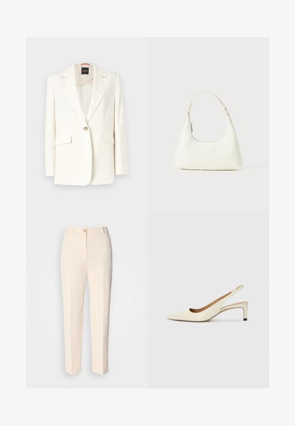 Hvid skræddersyet blazer med notch-krave, enkelt knaplukning og to frontlommer. Glat stof og rene linjer. Brandmærke synligt indeni.; Hvid cropped T-shirt, korte brede ærmer, blødt bomuldsstof, rund halsudskæring med diskret orange kant, minimalistisk design uden mønstre eller grafik.; Cremefarvede, højtaljede bukser lavet af tekstureret stof. Har en lukning med knap foran og tætsiddende ben.; Sko med spids tå og slingback i off-white læder, med en lav hæl og udskæringsdesign, der har en glat tekstur og minimale accenter.; Lille hvid skuldertaske med en enkelt justerbar rem og en lynlåslukning, sat mod en ensfarvet hvid baggrund.