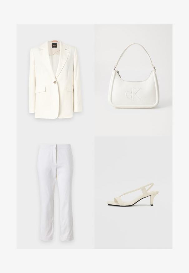 Blazer bianco su misura con rever a pattina, chiusura a un bottone e due tasche frontali. Tessuto morbido e linee pulite. Etichetta del marchio visibile all'interno.; T-shirt bianca cropped, maniche corte e larghe, tessuto di cotone morbido, scollatura rotonda con bordino arancione sottile, design minimale, senza motivi o grafiche.; Pantaloni bianchi in cotone con design a gamba dritta, caratterizzati da una vita a media altezza e senza hardware o motivi visibili. Tessuto liscio su tutta la superficie.; Sandali con tacco a blocco beige, con sottili cinturini e punta quadrata. Materiale liscio con dettagli minimi, progettati per un facile utilizzo.; Borsa a tracolla in pelle bianca con forma curva, dotata di un logo "CK" impresso sul davanti e una singola tracolla. Chiusura a zip nella parte superiore.