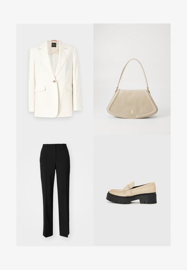 White tailored blazer with a notch lapel, single button closure, and two front pockets. Smooth fabric and clean lines. Brand tag visible inside.; White cropped T-shirt, short wide sleeves, soft cotton material, round neckline with subtle orange trim, minimal design, no patterns or graphics.; Black tailored trousers with a straight-leg design, featuring a smooth texture and crisp creases along the front. No visible hardware.; Beige leather loafers with black chunky sole, featuring a decorative buckle and stitching detail on the front. Side view.; Beige suede handbag with a rounded triangular shape, a single strap, and a gold-tone hardware accent on the front.