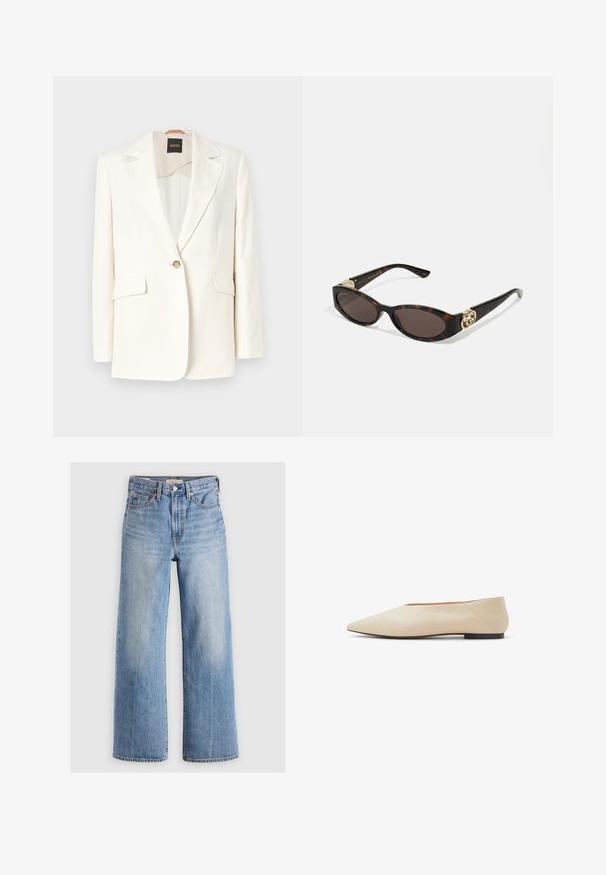 Blazer blanc ajusté avec un col cranté, fermeture à un bouton et deux poches avant. Tissu lisse et lignes épurées. Étiquette de la marque visible à l'intérieur.; Camisole blanche avec un décolleté en V orné d'une délicate dentelle, des bretelles fines et réglables, et un tissu doux et lisse.; Jeans larges en denim bleu clair avec une taille haute, zones décolorées, cinq poches et coutures contrastées. Fermeture classique à bouton et à glissière.; Chaussure plate en cuir beige avec un bout pointu, un design minimaliste, une surface lisse et un petit talon noir. Élégante et polyvalente pour divers styles.; Lunettes de soleil en écaille, avec des verres ovales allongés, teinte marron, accents de logo doré sur les branches et montures noires élégantes.; Boucles d'oreilles en métal doré avec une forme rectangulaire allongée, présentant une surface lisse et des bords arrondis pour un aspect poli.