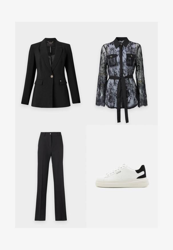 Blazer preto feito de um tecido texturizado, com um fecho de botão único, dois bolsos frontais e um forro de cetim. Acento de logotipo notável no bolso.; Blusa de renda preta com mangas longas, bolsos no peito com botão, colarinho clássico e um cinto de tecido atado na cintura. Design transparente.; Calças pretas, ajustadas, com um design de perna reta. Apresentam um fecho de botão, passadores para cinto e uma textura suave e mate.; Sapatilhas brancas de couro com uma sola branca espessa, detalhe em camurça preta no calcanhar e logótipo em relevo na lateral. Design com atacadores e seis ilhós.