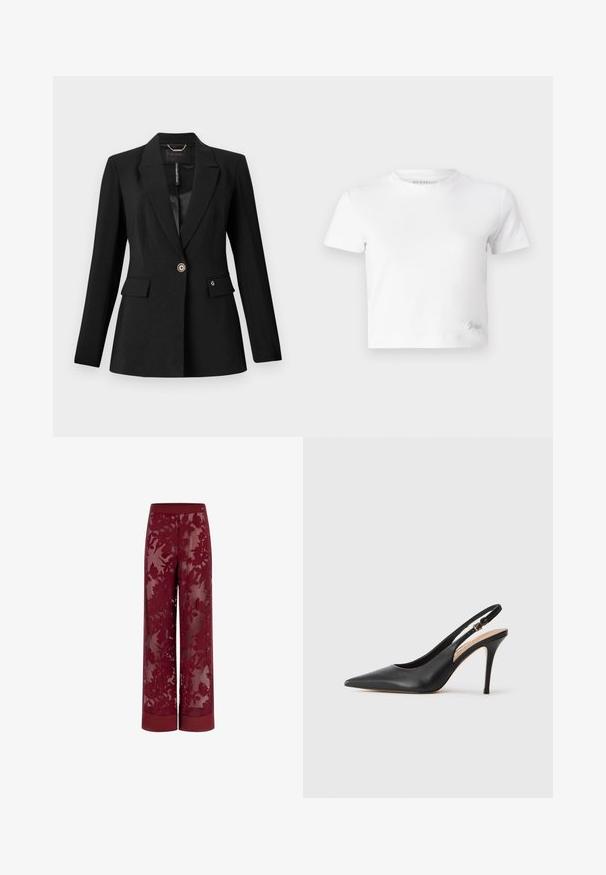 Črn blazer iz teksturirane tkanine, ki ima zapiranje na en gumb, dva sprednja žepa in satensko podlogo. Opremljen je z opaznim logotipom na žepu.; Bela skrajšana majica iz gladkega bombaža, z visokim ovratnikom in kratkimi rokavi. Majhen vezen logotip v spodnjem kotu.; Burgundske široke hlače z prosojnim cvetličnim čipkastim overlay-em. Imajo trden pas in robne detajle, ki prikazujejo zapletene cvetlične vzorce.; Črne usnjene sandale s peto s konicami, gladko teksturo in nežnim trakom z kovinsko zaponko.