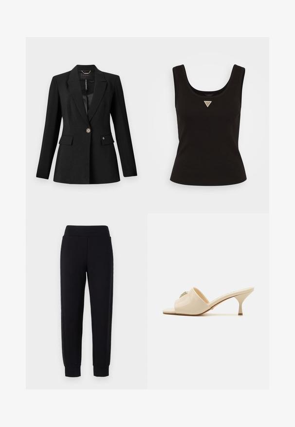 Must mustriga mustrikatekk, millel on üks nööp ja kaks esi-taskut, samuti satiinvooder. Eraisikustatud logomotiiv taskul.; Must mustriga tank top, millel on ümmargune kaelus ja väike kolmnurkne hõbedane logo keskosa ees. Sobiva istuvusega, ilma varrukateta.; Mustad mustmed püksid kitsenevate jalgadega, laia elastse vöökoha ja tekstuursete külgpaneelidega. Valmistatud pehmest ja venivast materjalist.; Bež patentnahast avatud varvastega mule sandaalid madala stiletto kontsaga. Ülaservas on keskne dekoratiivne aksessuaar. Silky ja läikiv viimistlus.