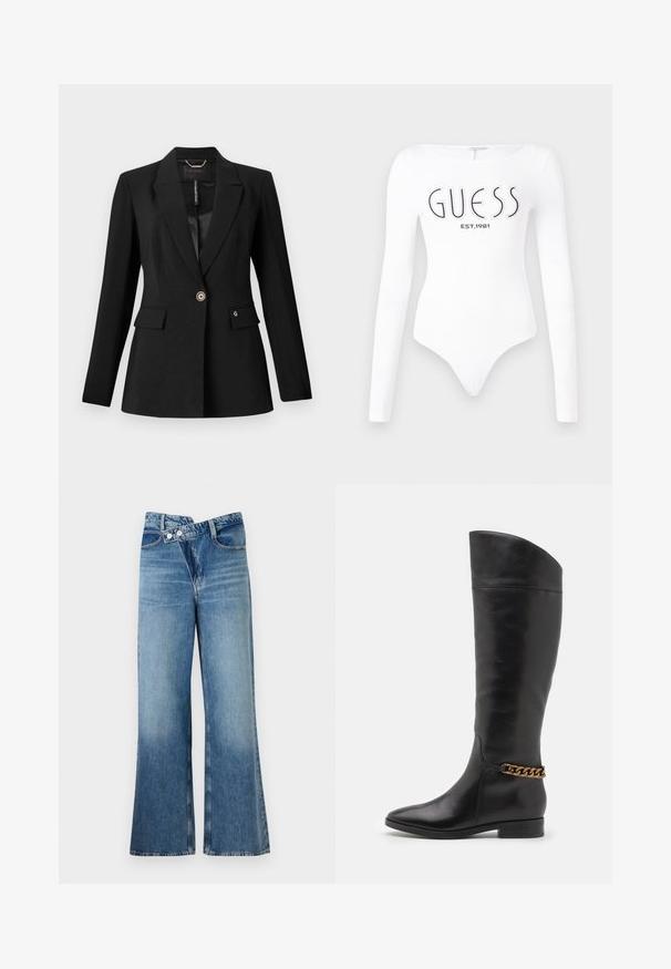 Svart blazer i texturerat tyg, med en knappstängning, två framfickor och satinfoder. Märkbart logotyptryck på fickan.; Vit långärmad bodysuit med rund halsringning. Har "GUESS"-logotypen och "EST.1981" tryckt i svart på framsidan. Slät textur.; Ljust blå denim jeans med utsvängda ben och hög midja, med två knappar och framfickor. Tyget har en blekt textur med subtila variationer.; Höga svarta läderstövlar med en strömlinjeformad design, spetsig tå och en guldkedja vid vristen. Låg klack. Slät yta.