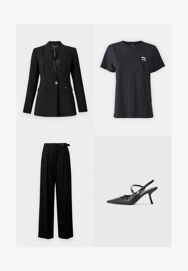 Must mustriga mustrikatekk, millel on üks nööp ja kaks esi-taskut, samuti satiinvooder. Eraisikustatud logomotiiv taskul.; Mustalane puuvillane T-särk lühiärkidega ja ümmarguse kaelusega. Rinnal on väike valge graafika. Sile tekstuur, vabalt liikuv sobivus.; Mustad kõrge vöökohaga mustad laiad püksid, millel on ees voldid ja vöö, millel on pandla. Valmistatud siledast ja kergest kangast.; Must musta slingback kontsad, terava nina, peenike konts ja dekoratiivne pandla detail peal. Sile tekstuur ja stiilne disain.