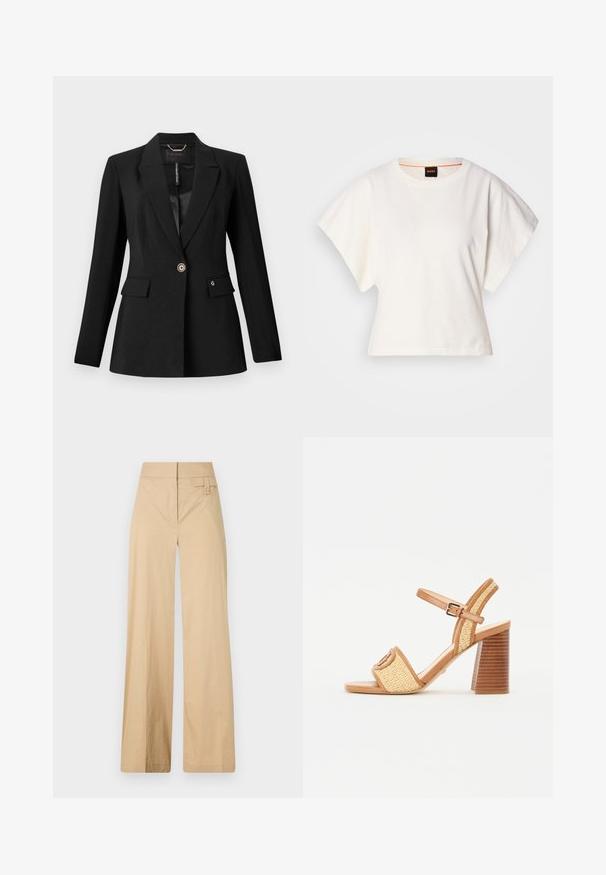 Crni sako od teksturiranog materijala, sa zatvaranjem na jedan dugme, dva prednja džepa i satenom podstavom. Istaknuta oznaka loga na džepu.; Bijeli skraćeni T-shirt, široke kratke rukave, mekani pamučni materijal, okrugli izrez s suptilnim narančastim detaljem, minimalistički dizajn, bez uzoraka ili grafika.; Bež hlače širokih nogavica napravljene od mješavine pamuka. Imaju glatku teksturu, elastičnu elastiku u struku i detalj gumba sa strane.; Smeđe kožne sandale s petom od pletene slame, koje imaju remen za gležanj, otvoreni vrh i masivnu drvenu petu s horizontalnim prugama.